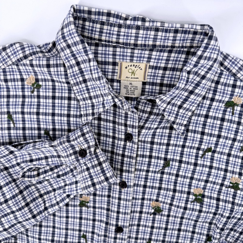 Wrangler Button Down Shirt Womens Navy White Plaid Floral Embroidered Western